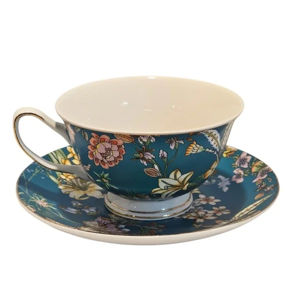 Peipocron British Floral Coffee/Tea Cup and Saucer Set With Gold Trim - 7 fl oz - Picture 1 of 9